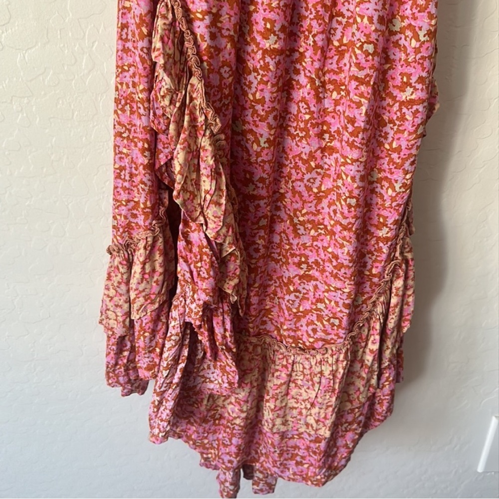 Free People One I Love Dress in Caramel Combo Pink and Tan Maxi Ruffle Hem Sz L - Picture 13 of 16
